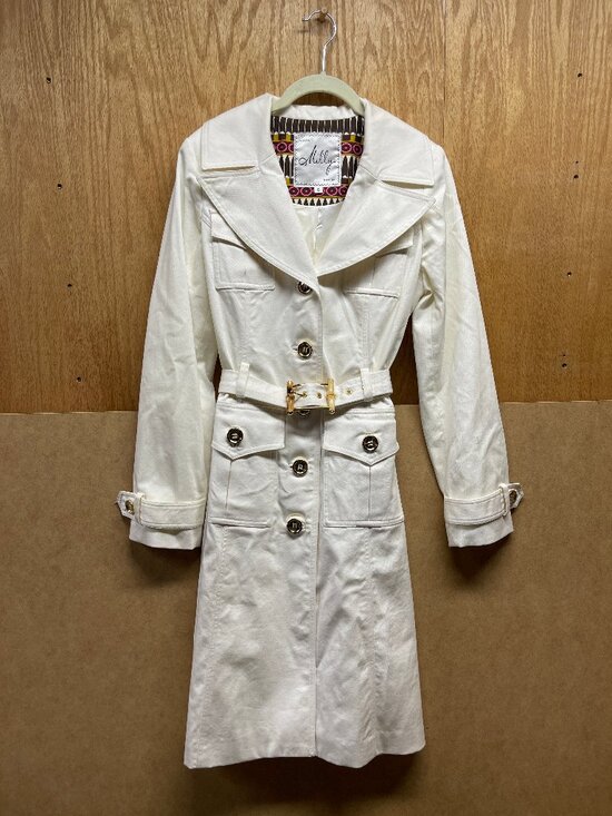 Milly of New York Jackets & Blazers - Milly of New York Silk-Lined White Cotton Sateen Bamboo Belted Trench Coat 6